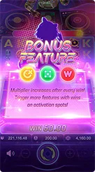 Rave Party Fever · Pantau meter pengumpulan simbol dan notifikasi fitur di bawah kisi.
